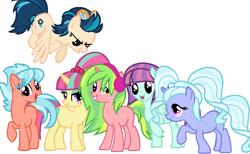 Size: 860x530 | Tagged: safe, artist:chikyascomputer, frosty orange, indigo zap, lemon zest, sour sweet, sugarcoat, sunny flare, pony, alternate mane six, equestria girls ponified, ponified, shadow five