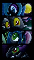 Size: 681x1208 | Tagged: safe, artist:drakefenwick, discord, king sombra, nightmare moon, queen chrysalis, changeling, changeling queen, pony, unicorn