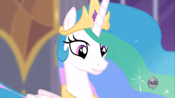 Size: 1440x810 | Tagged: safe, screencap, princess celestia, alicorn, pony, princess twilight sparkle (episode), lip bite, solo