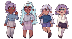 Size: 2400x1322 | Tagged: safe, artist:mochietti, maud pie, sugarcoat, oc, oc:rock candy (ice1517), oc:sweetie pie (ice1517), human, alternate hairstyle, blushing, boots, chibi, clothes, commission, dark skin, ear piercing, earring, family, female, flats, glasses, hoodie, humanized, icey-verse, jewelry, lesbian, magical lesbian spawn, maudcoat, mother and child, mother and daughter, next generation, offspring, one eye closed, open mouth, parent and child, parents:maudcoat, piercing, pleated skirt, shipping, shoes, shorts, simple background, skirt, socks, stockings, sweater, thigh highs, transparent background, wink