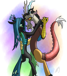 Size: 1405x1600 | Tagged: safe, artist:sharpy, discord, queen chrysalis, changeling, changeling queen, dancing, discolis, female, male, shipping, straight