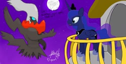 Size: 1600x818 | Tagged: safe, artist:digiral, princess luna, alicorn, pony, balcony, crossover, darkrai, moon, pokémon