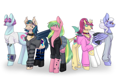 Size: 4500x3000 | Tagged: safe, alternate version, artist:blacksky1113, indigo zap, lemon zest, sour sweet, sugarcoat, sunny flare, bat pony, changedling, changeling, earth pony, pegasus, pony, unicorn, bat ponified, boots, changelingified, choker, clothes, commission, crystal prep shadowbolts, ear piercing, earring, equestria girls ponified, eyebrow piercing, eyeshadow, fangs, female, freckles, glasses, goggles, group, headband, headcanon, hoodie, jacket, jewelry, leather jacket, lip piercing, makeup, mare, necklace, piercing, plaid skirt, pleated skirt, ponified, race swap, raised hoof, shadow five, shirt, shoes, simple background, skirt, snake bites, socks, species swap, spiked choker, spiked wristband, stockings, striped socks, sunny flare's wrist devices, sweater, t-shirt, tattoo, thigh highs, white background, white socks, wristband