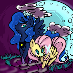 Size: 1750x1750 | Tagged: safe, artist:fauxsquared, fluttershy, princess luna, alicorn, pegasus, pony, duo, duo female, female, mare