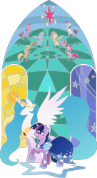 Size: 2134x3909 | Tagged: safe, artist:rariedash, applejack, fluttershy, pinkie pie, princess celestia, rainbow dash, rarity, twilight sparkle, alicorn, earth pony, pegasus, pony, unicorn, clothes, dress, female, gala dress, hooves, horn, lineless, mane six, mare, open mouth, raised hoof, spread wings, stained glass, wings