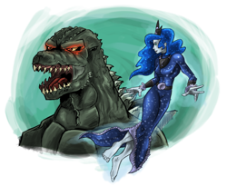 Size: 986x810 | Tagged: safe, artist:saturdaymorningproj, princess luna, human, kaiju, barefoot, clothes, colored skin, crossover, dress, feet, godzilla, godzilla (series), gown, humanized, lunazilla, partial background, red eyes, roar