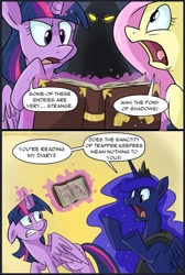 Size: 672x1000 | Tagged: safe, artist:spainfischer, fluttershy, king sombra, pony of shadows, princess luna, twilight sparkle, twilight sparkle (alicorn), alicorn, pegasus, pony, castle mane-ia, journal of the two sisters, comic, diary, female, journal, lumbra, male, mare, shipping, straight