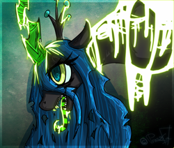 Size: 1300x1100 | Tagged: safe, artist:prusska, queen chrysalis, changeling, changeling queen, drool, glow, solo