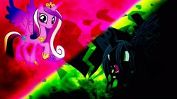 Size: 1920x1080 | Tagged: safe, artist:mr-kennedy92, princess cadance, queen chrysalis, alicorn, changeling, changeling queen, pony, fangs, vector, wallpaper