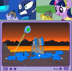 Size: 875x862 | Tagged: safe, princess luna, twilight sparkle, twilight sparkle (alicorn), alicorn, pony, exploitable meme, female, gamer luna, gamer twi, lava, mare, meme, obligatory pony, oracle, scv, starcraft, starcraft 2, starcrafts, tv meme, video game