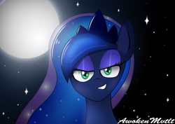 Size: 2743x1946 | Tagged: safe, artist:micthelivingtoaster, princess luna, alicorn, pony, bedroom eyes, bust, grin, looking at you, moon, night, solo