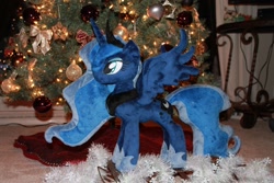 Size: 2256x1504 | Tagged: safe, artist:whitedove-creations, princess luna, alicorn, pony, christmas tree, cute, eyeshadow, female, irl, lidded eyes, lunabetes, makeup, mare, photo, plushie, smiling, solo, spread wings, tree, wings