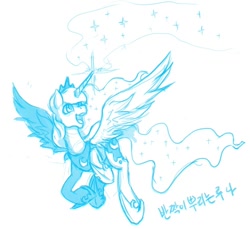 Size: 800x733 | Tagged: safe, artist:mrs1989, princess luna, alicorn, pony, flying, happy, magic, monochrome, sketch, solo