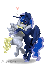 Size: 659x932 | Tagged: safe, artist:notundermybed, derpy hooves, princess luna, alicorn, pony, bipedal, blushing, female, heart, hug, lesbian, lunaderp, shipping