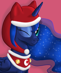 Size: 2000x2400 | Tagged: safe, artist:mcnum, princess luna, alicorn, pony, christmas, hat, santa hat, solo, wink