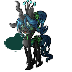 Size: 1000x1000 | Tagged: safe, artist:luga12345, queen chrysalis, changeling, changeling queen, nymph, alternate hairstyle, cute, cutealis, glasses, ponytail, ribbon, solo, tongue out