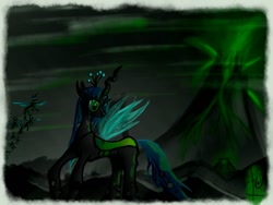 Size: 1024x768 | Tagged: safe, artist:lou-sifer, queen chrysalis, changeling, changeling queen, drone, fangs, horn, wings