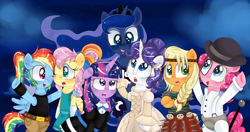 Size: 5192x2744 | Tagged: safe, artist:lucy-tan, applejack, fluttershy, pinkie pie, princess luna, rainbow dash, rarity, twilight sparkle, alicorn, earth pony, pegasus, pony, unicorn, a clockwork orange, alex delarge, anarchy stocking, astrid, clothes, costume, crossover, how to train your dragon, lara croft, lola bunny, looney tunes, mane six, marie antoinette, nightmare night, panty and stocking with garterbelt, the looney tunes show, tomb raider, twilight is not amused, unamused