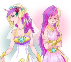 Size: 606x532 | Tagged: safe, artist:zoe-productions, princess cadance, queen chrysalis, changeling, human, a canterlot wedding, breasts, clothes, crying, crystal heart, disguise, disguised changeling, dress, duality, fake cadance, female, humanized, skinny