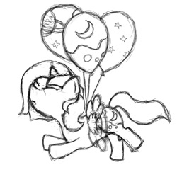 Size: 1000x1000 | Tagged: safe, artist:marigoldfleur, princess luna, alicorn, pony, balloon, eyes closed, filly, flying, monochrome, solo, younger