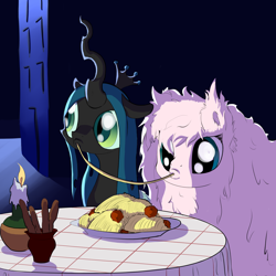 Size: 2880x2880 | Tagged: safe, artist:full stop, queen chrysalis, oc, oc:fluffle puff, changeling, changeling queen, eating, female, food, lady and the tramp, lesbian, parody, shipping, spaghetti, spaghetti scene, table