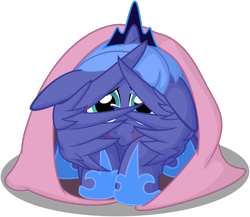 Size: 1274x1107 | Tagged: safe, artist:arvaus, princess luna, alicorn, pony, blanket, blushing, cute, filly, floppy ears, hiding, not safe for woona, shy, solo, wing hands, woona