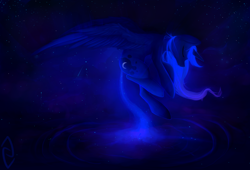 Size: 2200x1500 | Tagged: safe, artist:pfjerk, princess luna, alicorn, pony, dark, eyes closed, feathered wings, glow, glowing mane, solo, space, surreal