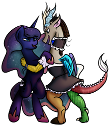 Size: 1645x1872 | Tagged: safe, artist:zombiecollie, discord, princess luna, alicorn, pony, bedroom eyes, bipedal, clothes, crossdressing, dancing, eye contact, female, lunacord, lusty luna, maid, maid discord, male, open mouth, shipping, simple background, smiling, straight, tumblr