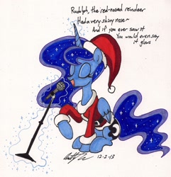 Size: 1290x1336 | Tagged: safe, artist:newyorkx3, princess luna, alicorn, pony, christmas, clothes, hat, karaoke, microphone, santa costume, santa hat, singing, solo, traditional art