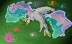 Size: 800x486 | Tagged: safe, artist:mylittlegodzilla, princess celestia, alicorn, pony, princess twilight sparkle (episode), crying, element of generosity, element of honesty, element of kindness, element of laughter, element of loyalty, element of magic, elements of harmony, sad, scene interpretation, solo