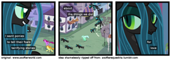 Size: 1200x420 | Tagged: safe, edit, edited screencap, screencap, berry punch, berryshine, carrot top, golden harvest, lyra heartstrings, queen chrysalis, changeling, changeling queen, a canterlot wedding, a softer world, comic, screencap comic