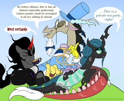 Size: 900x733 | Tagged: safe, artist:mickeymonster, discord, king sombra, queen chrysalis, changeling, changeling queen, draconequus, pony, unicorn, alternate hairstyle, antagonist, classy, clothes, dialogue, drink, food, hat, how, monocle, swimsuit, tea, tea party, top hat