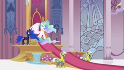 Size: 1200x675 | Tagged: safe, screencap, princess celestia, princess luna, alicorn, pony, opening, royal guard, stained glass, throne