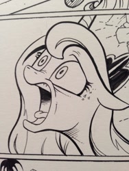 Size: 768x1024 | Tagged: safe, artist:andypriceart, idw, princess luna, alicorn, pony, floppy ears, monochrome, open mouth, screaming, solo, surprised, tongue out, yelling