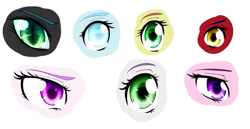 Size: 1325x684 | Tagged: safe, artist:astrequin, princess cadance, princess celestia, queen chrysalis, sweetie belle, oc, oc:primrose, oc:snowdrop, alicorn, changeling, changeling queen, pony, eyes