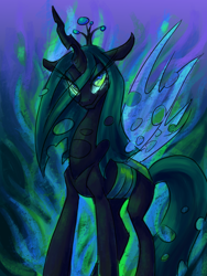 Size: 1500x2000 | Tagged: safe, artist:zaphy1415926, queen chrysalis, changeling, changeling queen, crown, eye clipping through hair, female, jewelry, regalia, solo