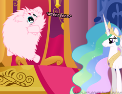 Size: 650x500 | Tagged: safe, artist:mixermike622, princess celestia, oc, oc:fluffle puff, alicorn, pony, single panel, throne