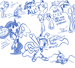 Size: 2300x2100 | Tagged: safe, artist:tess, princess luna, alicorn, pony, dialogue, monochrome, sketch dump, solo