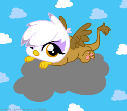 Size: 851x747 | Tagged: safe, artist:lauboz, derpibooru import, gilda, griffon, chick, chickub, cloud, cloudy, cub, cute, gildadorable, solo, wink, younger