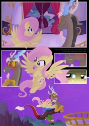 Size: 1000x1415 | Tagged: safe, artist:falleninthedark, artist:stepandy, discord, fluttershy, princess celestia, alicorn, pegasus, pony, collaboration, comic:notte insonne, bed, blushing, comic, shipper on deck, smiling, smirk