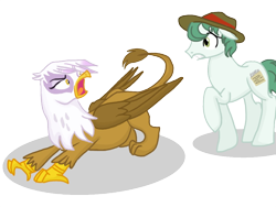 Size: 1024x768 | Tagged: artist needed, dead source, safe, derpibooru import, gilda, rainbow dash, oc, griffon, pegasus, pony, beak, female, hat, looking at each other, looking back, male, open mouth, raised hoof, simple background, stallion, talons, transparent background, wings