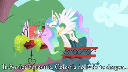 Size: 800x450 | Tagged: safe, edit, editor:wanderingpony, princess celestia, spike, alicorn, dragon, pony, image macro, in soviet russia, meme, russian reversal, soviet