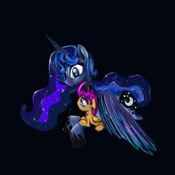 Size: 894x894 | Tagged: safe, artist:eglantineray, princess luna, scootaloo, alicorn, pony, crying, female, horn, mare