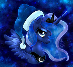 Size: 1195x1100 | Tagged: safe, artist:joakaha, princess luna, alicorn, pony, hat, santa hat, solo