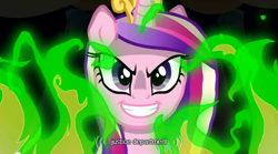 Size: 640x355 | Tagged: safe, screencap, princess cadance, queen chrysalis, alicorn, changeling, changeling queen, pony, mlp-captions, solo, youtube caption