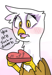 Size: 486x693 | Tagged: safe, artist:meowing-ghost, derpibooru import, gilda, griffon, blushing, bust, dialogue, dweeb, female, gift giving, gildere, hearts and hooves day, looking at you, open mouth, simple background, solo, speech bubble, tsundere, white background