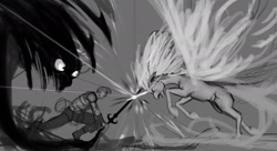 Size: 1937x1056 | Tagged: safe, artist:hattonslayden, princess celestia, human, fight, monochrome, sword