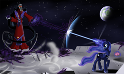 Size: 1500x900 | Tagged: safe, artist:sirzi, princess luna, alicorn, pony, beam, crossover, fight, floating, flower, gritted teeth, jackie chan adventures, lotus (flower), magic, moon, planet, raised hoof, stars, telekinesis, tso lan