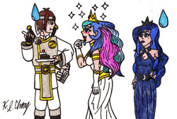 Size: 869x584 | Tagged: safe, artist:stealthninja5, princess celestia, princess luna, human, bionicle, cake, crossover, humanized, lego, light skin, simple background, sweatdrop, takanuva, traditional art