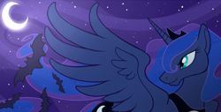 Size: 1233x624 | Tagged: safe, artist:andren, princess luna, alicorn, bat, pony, moon, night, solo